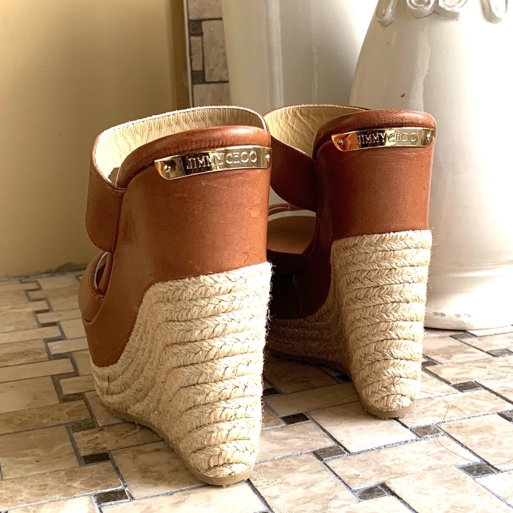 Jimmy Choo Tan Leather Espadrille Wedges - Picture 2 of 5